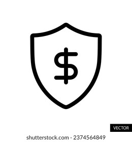 Shield with American dollar sign, USD symbol, financial protection concept icon in line style design for website, app, UI, isolated on white background. Editable stroke. EPS 10 vector illustration.