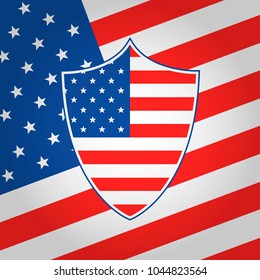 Shield in American flag style. Vector illustration. Shield in a national colors of USA