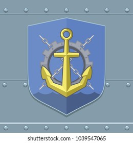 Shield with ancor, marine emblem on rivet steel plate. Vector