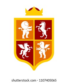 Shield and Animals heraldic set symbol. Pegasus and Lion and Gryphon. Sign Beast for coat of arms. Royal Vector illustration
