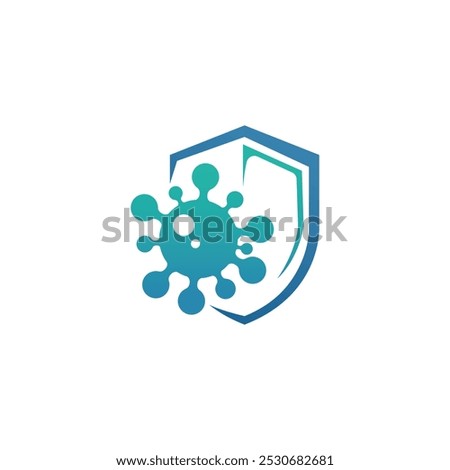 Shield anti virus logo vector image. Virus and shield, antibacterial protection, antiviral drug logo design. Antibacterial protection icon, shield and virus vector design and illustration