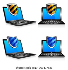 Shield antivirus laptop 3D and 2D - Computer antivirus security protection, firewall digital shield concept