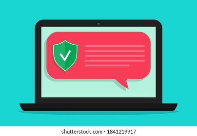 Shield of antivirus for safety of data on computer. Icon of secure on laptop. Protect from cyber attack. Privacy, security concept. Symbol of web check, test, protection of laptop from virus. Vector.