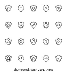 Shield, armor, protection line icon set. Vector symbol of star, heart, plain, gear, house, eye, drop, earth, dog paw, bulb, plant, bones, clock etc inside of shield of armor 