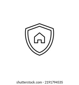 Shield, armor, protection sign. Minimalistic vector symbol drawn with black thin line. Suitable for adverts, stores, shops, books. Line icon of house inside of armor or shield 