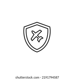 Shield, armor, protection sign. Minimalistic vector symbol drawn with black thin line. Suitable for adverts, stores, shops, books. Line icon of airplane inside of armor or shield 