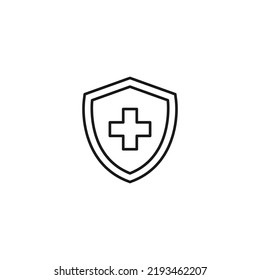 Shield, armor, protection sign. Minimalistic vector symbol drawn with black thin line. Suitable for adverts, stores, shops, books. Line icon of medical cross inside of armor or shield 