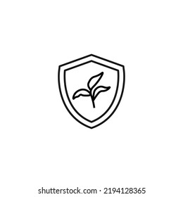 Shield, armor, protection sign. Minimalistic vector symbol drawn with black thin line. Suitable for adverts, stores, shops, books. Line icon of plant inside of armor or shield 