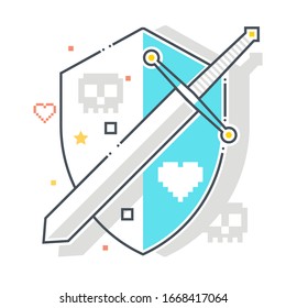 Shield and armor related color line vector icon, illustration. The icon is about mantlet, buckler, protection, sword. The composition is infinitely scalable.