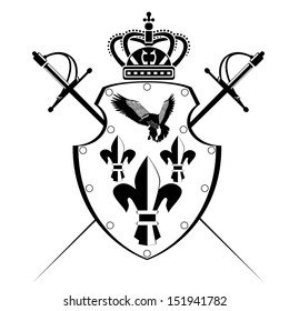 Shield with the arms, two swords and the royal crown. Black and white illustration on a white background.