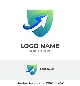 shield arrow logo concept, shield and arrow combination logo with 3d green and blue color style