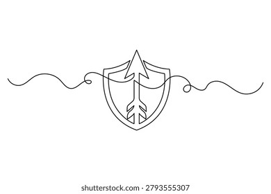 Shield and arrow symbol drawn with one line technique representing defensive strategy and target growth