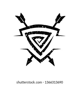 Shield and arrows drawn in grunge style. Safety element. Vector illustration