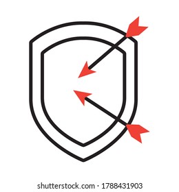 icono de escudo con flechas sobre fondo blanco, estilo de media línea, ilustración vectorial