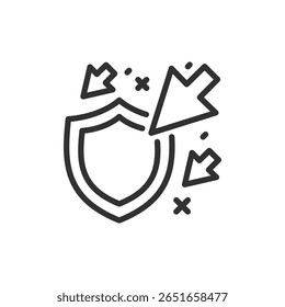 Escudo com setas, ícone linear. Defesa, proteção, ddos e resiliência do sistema. Linha com traçado editável.