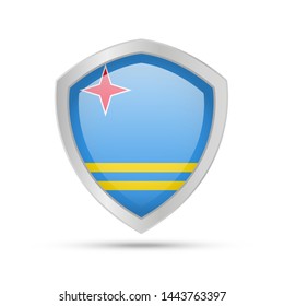 Shield with Aruba flag on white background. Vector illustration.