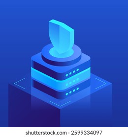 A shield atop server stacks symbolizes digital security and protection, representing cybersecurity for sensitive data. Secure solutions and futuristic digital protection in the cybersecurity field.