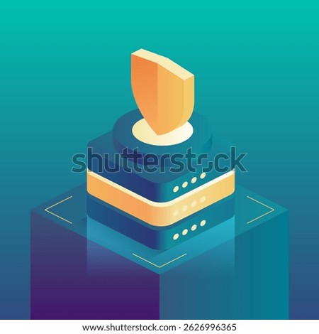 A shield atop server stacks symbolizes digital security and protection, representing cybersecurity for sensitive data. Secure solutions and futuristic digital protection in the cybersecurity field.
