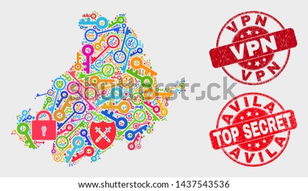 Shield Avila Province map and watermarks. Red rounded Top Secret and Vpn distress watermarks. Bright Avila Province map mosaic of different administration icons. Vector collage for guard purposes.