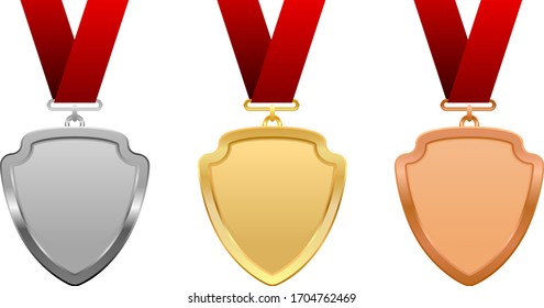 Shield award medals with red ribbons vector illustration.