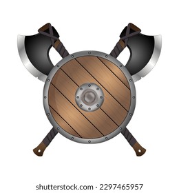 Vector de emblema Escudo y axila. Material de guerra mediterráneo y símbolo de armas aislado en blanco