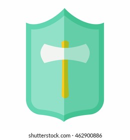 Shield with an axe icon in flat style isolated on white background. War symbol