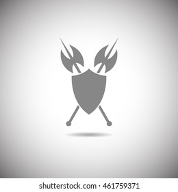 Shield and axe icon on a white background with shadow