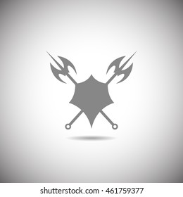 Shield and axe icon on a white background with shadow