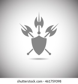 Shield and axe icon on a white background with shadow