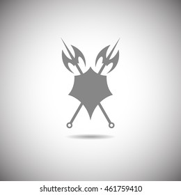 Shield and axe icon on a white background with shadow