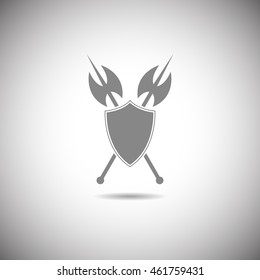 Shield and axe icon on a white background with shadow