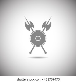 Shield and axe icon on a white background with shadow