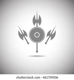 Shield and axe icon on a white background with shadow
