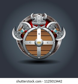 Shield axes and Helm, rusty iron rounded badge icon. For Ui Game.