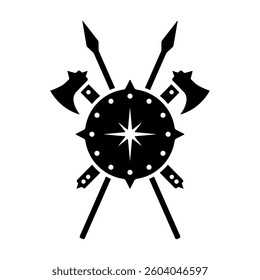 Shield, axes and spears icon. Black silhouette. Front view. Vector simple flat graphic illustration. Isolated object on white background. Isolate.