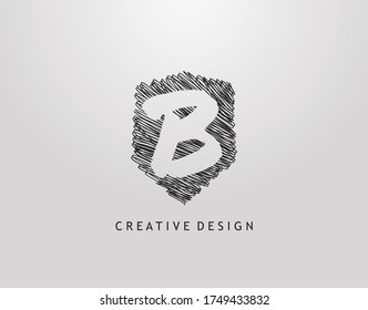Shield B Letter Logo. Abstract hand drawn shield stroke line shape with negative space of letter B. Modern, minimalist and retro concept design. 