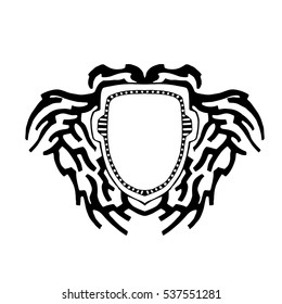 The shield as a background for the logo and text. Vector illustration in style of pencil drawing in black and white.