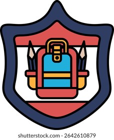 A shield with a backpack on it. The backpack is blue and red