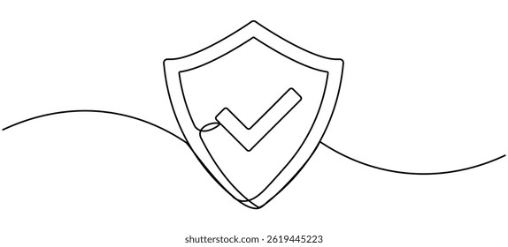 Marca de escudo com marca de seleção desenho de linha contínua. Símbolo de proteção com marca aprovada. Sinal de desenho de guarda. Ilustração vetorial isolada em branco.