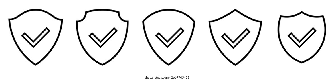 Shield badge with checkmark icon set. Verified guard symbol collection. Protection sign group. Vector illustration isolated on white.