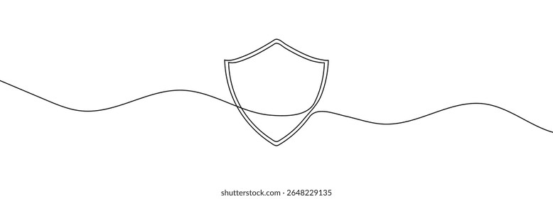 Dibujo de línea continua de la insignia de escudo. Símbolo de protección. Guardia dibujando letrero. Ilustración vectorial aislada en blanco. EPS 10. 