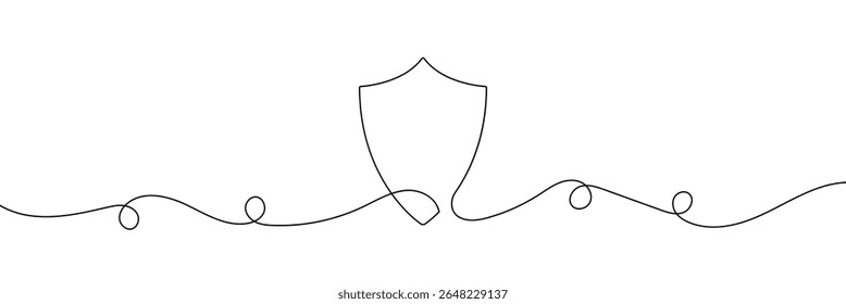 Dibujo de línea continua de la insignia de escudo. Símbolo de protección. Guardia dibujando letrero. Ilustración vectorial aislada en blanco. EPS 10. 
