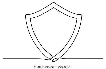 Shield badge continuous one line art. Guard drawing sign. Protect linear symbol. Vector isolated on white.