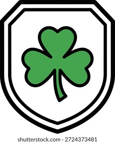 Emblema escudo emblema com um trevo de trevo. Ilustração vetorial plana representando a herança irlandesa e o tema do Dia de São Patrício, isolado sobre fundo branco.