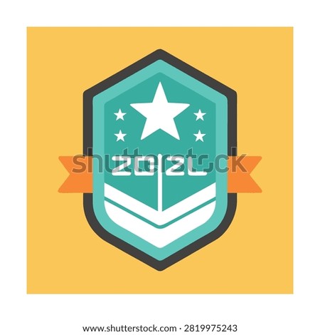 Shield badge emblem with a large white star and the text 2021, featuring orange ribbons on a yellow background, flat