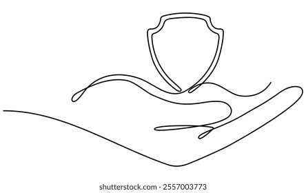 Shield badge in hand continuous line drawing. Guard security linear symbol in arm. Vector illustration isolated on white.
