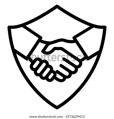 Shield badge with handshake line icon. Security partnership sign. Business deal symbol. Vector illustration isolated on white.