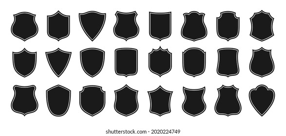 Shield badge icon set. Different security shield shape sign, military or heraldic shields and coat of arms kit. Black protection logo. Guard badge or guard symbol for web site design, logo, app vector