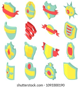 Shield badge icons set. Isometric illustration of 16 shield badge vector icons for web