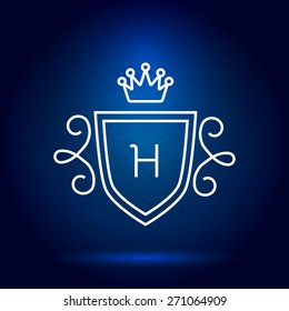 Shield badge in line design on shining background. Vector illustration